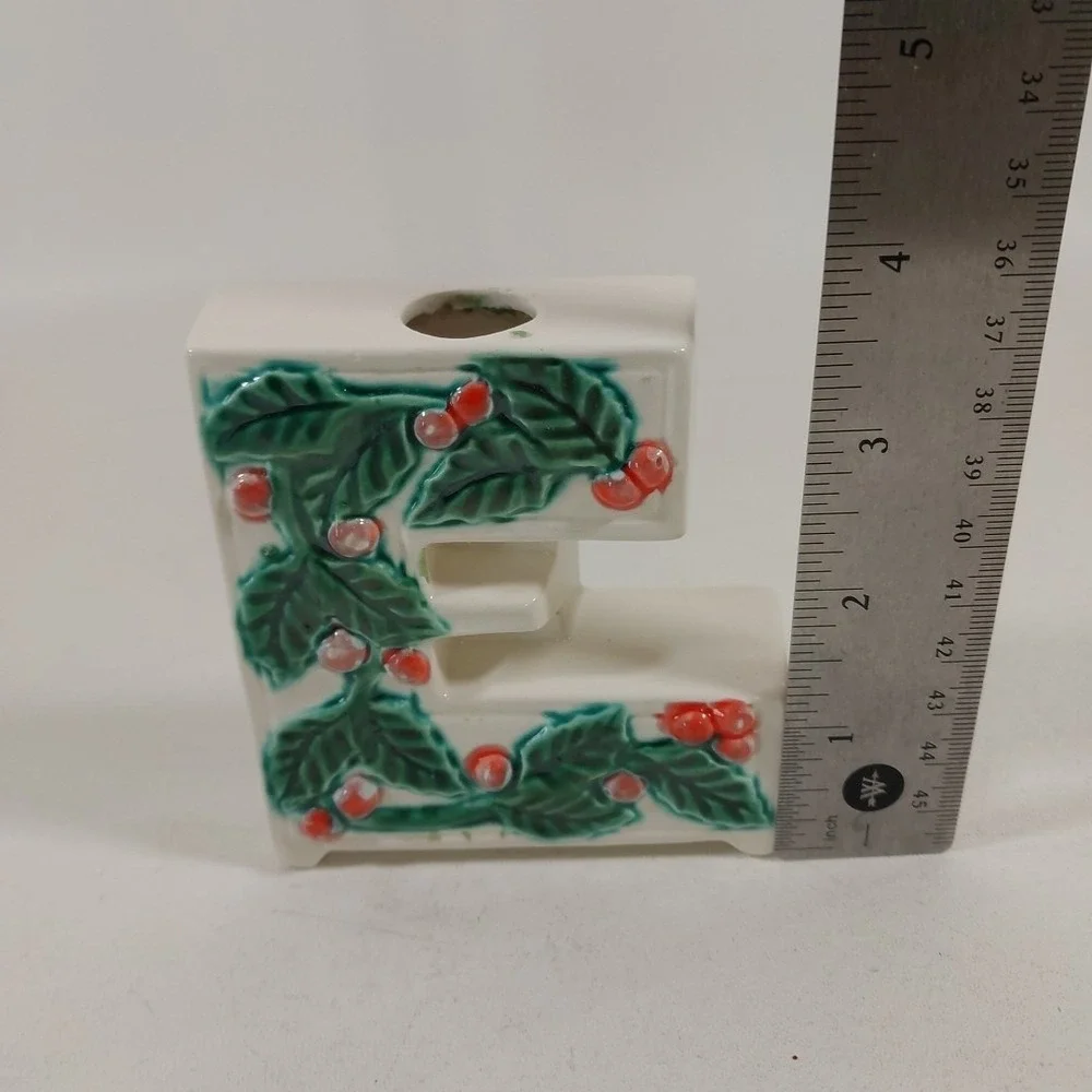 Vtg NOEL Letters Candle‎ Holder White Ceramic Raised Holly/Berries Replacement E